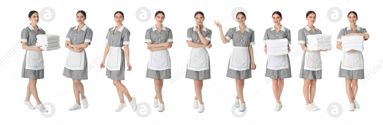 Image of Collage with photos of chambermaid in uniform on white background. Banner design