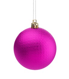 Magenta Christmas ball hanging on white background