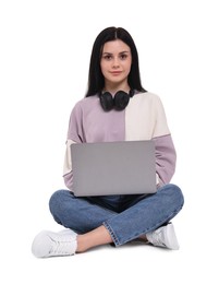 Photo of Student with laptop sitting on white background