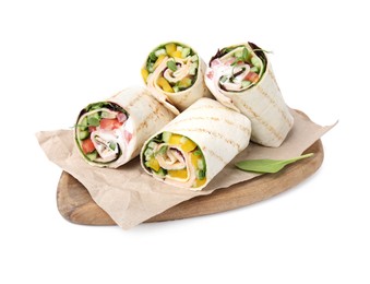 Delicious sandwich wraps with fresh vegetables isolated on white