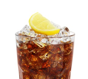 Photo of Glass of refreshing soda drink with ice cubes and lemon on white background, closeup