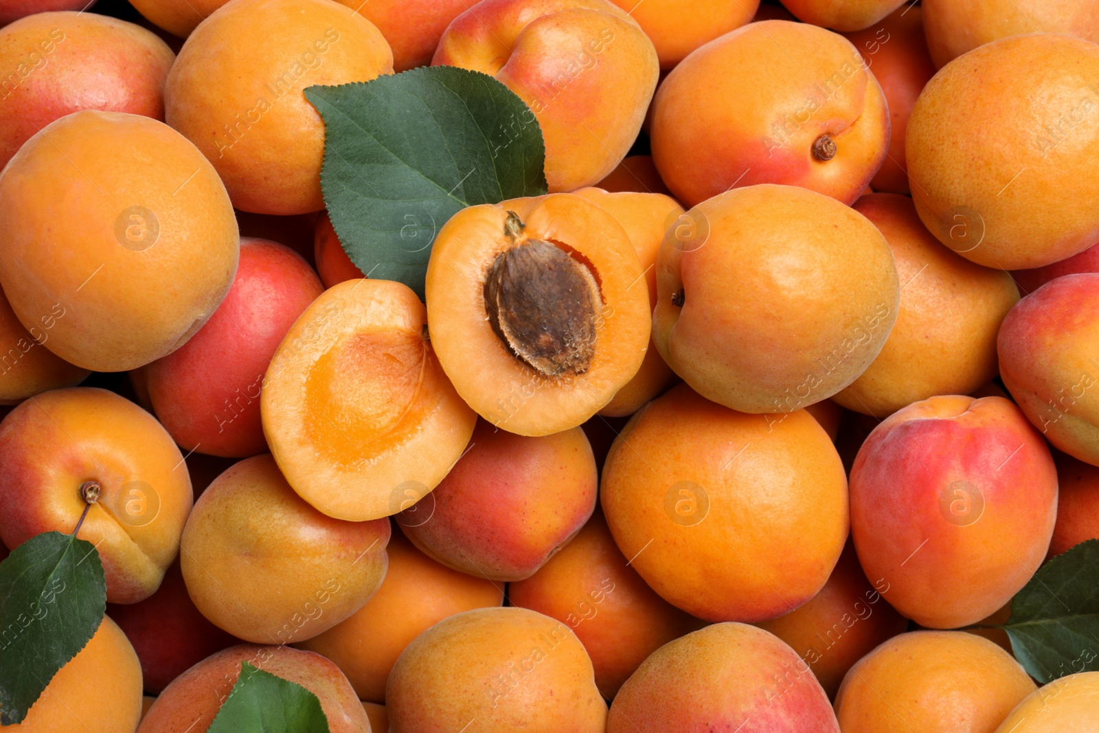 Photo of Delicious fresh ripe apricots as background, top view