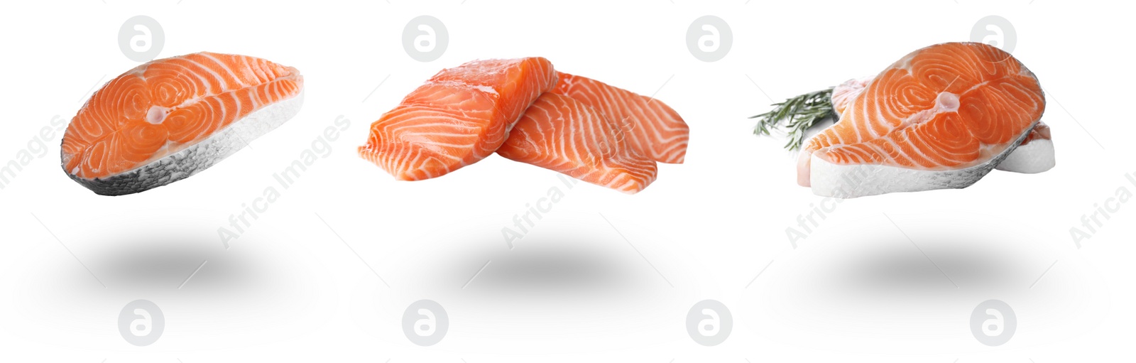 Image of Set of fresh raw salmon on white background. Fish delicacy