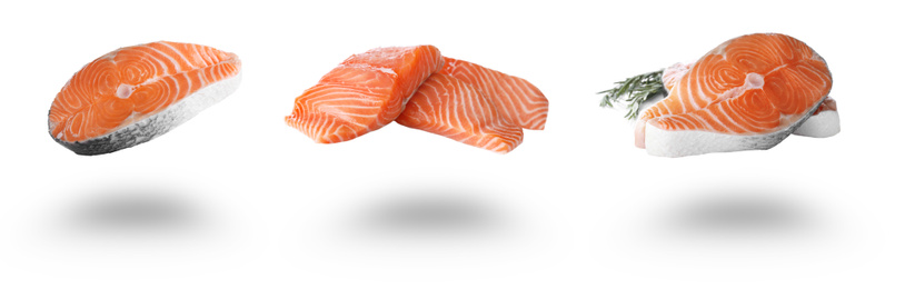 Image of Set of fresh raw salmon on white background. Fish delicacy