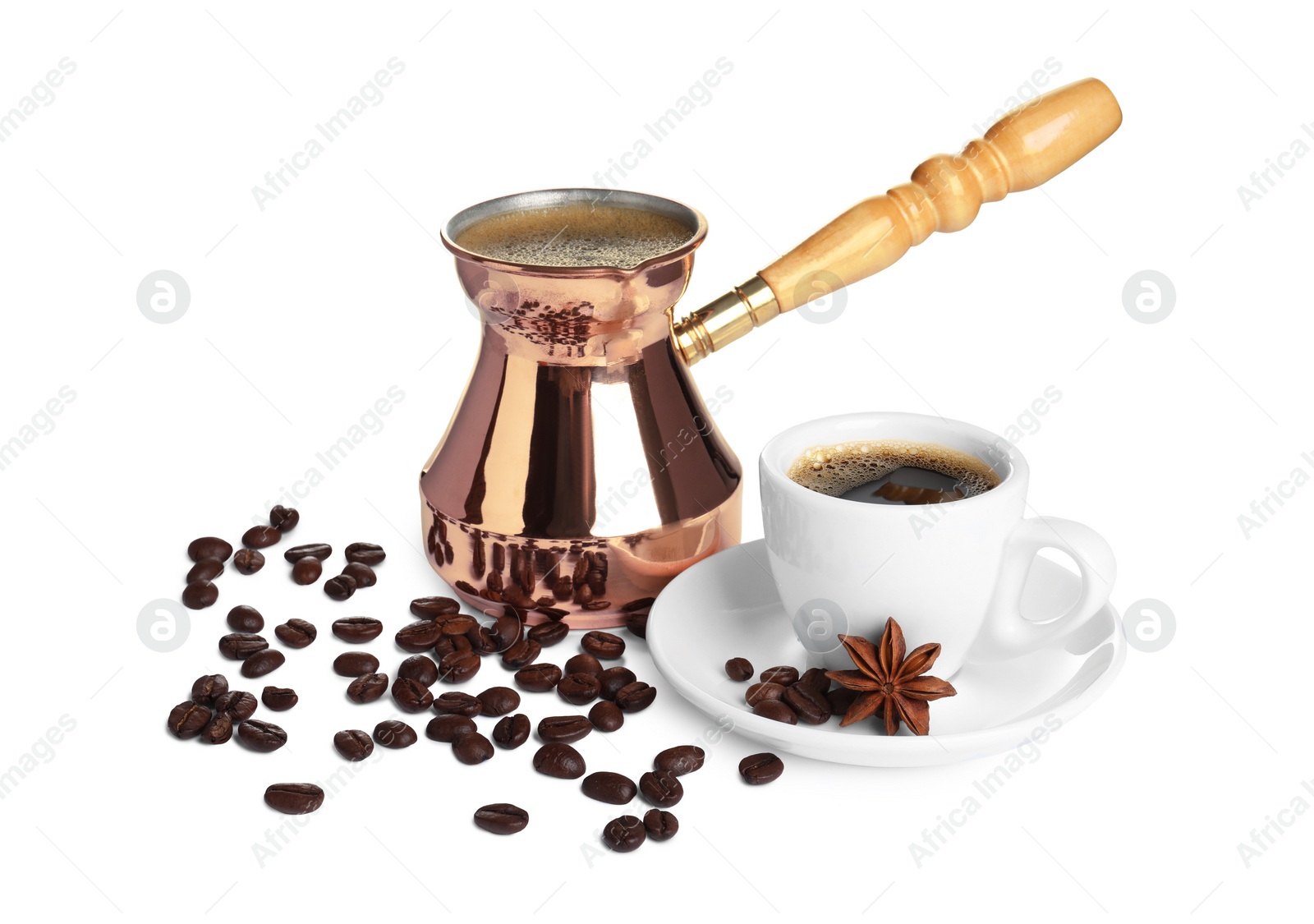 Photo of Turkish coffee. Cezve with hot coffee and beans on white background