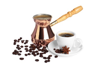 Photo of Turkish coffee. Cezve with hot coffee and beans on white background