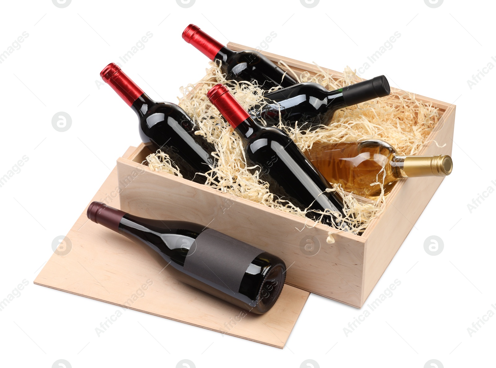 Photo of Wooden gift box with wine bottles isolated on white