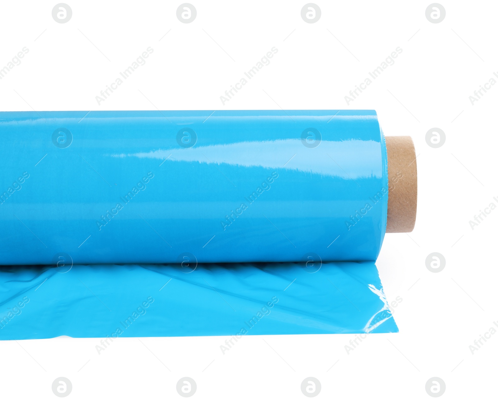 Photo of Roll of light blue stretch wrap isolated on white