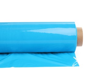 Photo of Roll of light blue stretch wrap isolated on white