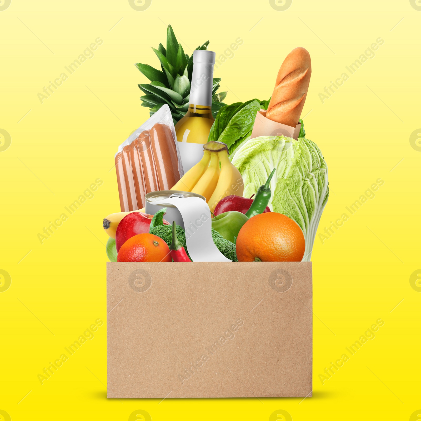 Image of Paper bag with different products and receipt on golden gradient background