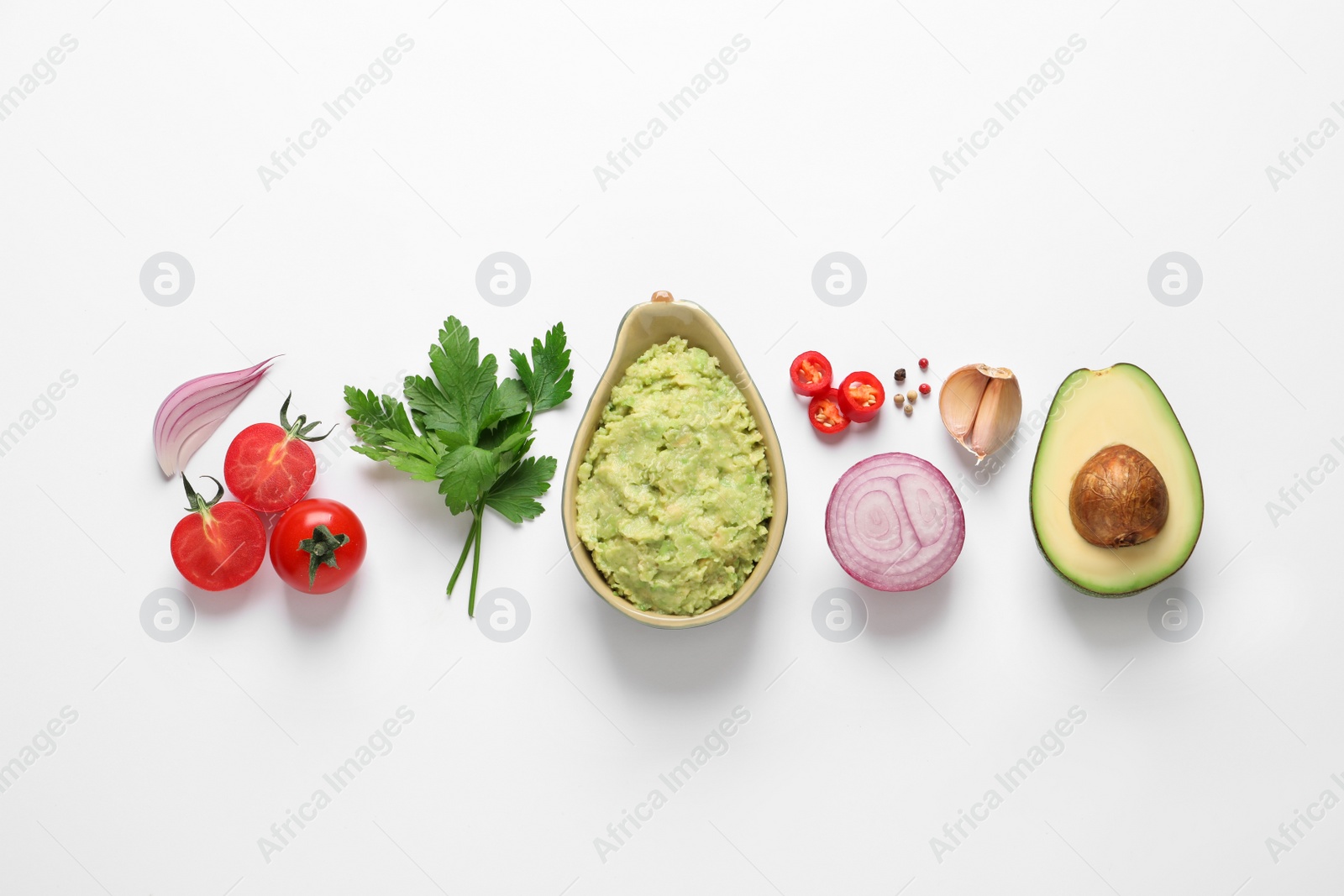 Photo of Fresh ingredients for guacamole on white background, flat lay