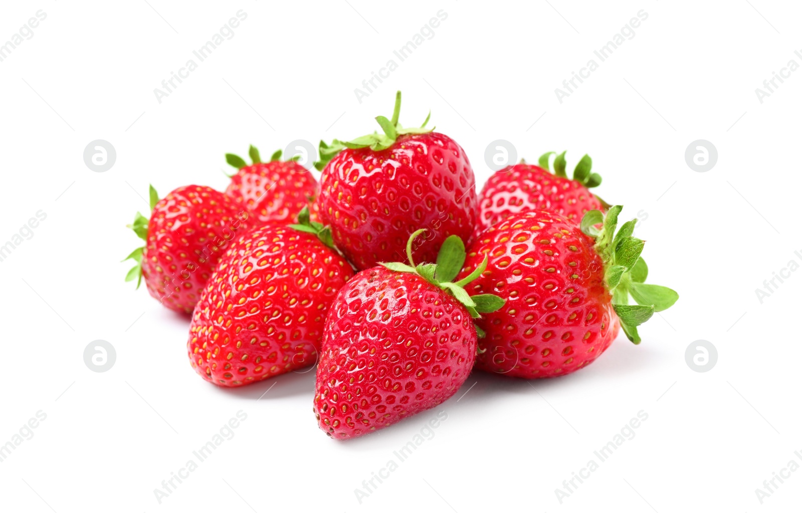 Photo of Pile of delicious fresh red strawberries on white background