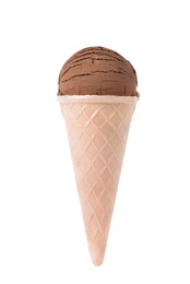 Photo of Wafer cone of chocolate ice cream isolated on white