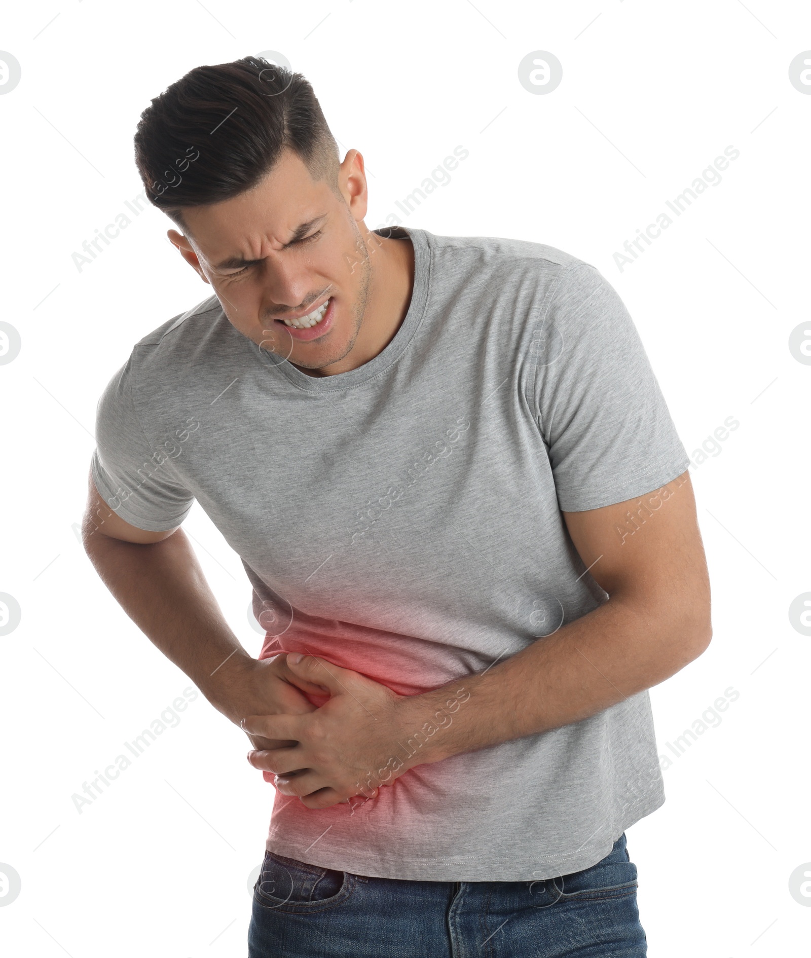 Photo of Man suffering from liver pain on white background