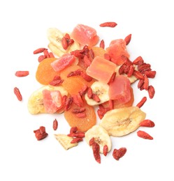 Photo of Pile of different tasty dried fruits on white background, top view