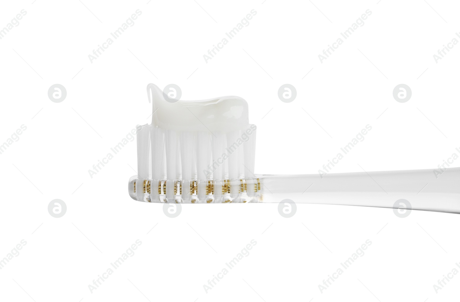 Photo of Electric toothbrush with paste on white background, closeup