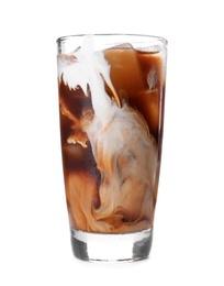 Glass with cold brew coffee and milk on white background