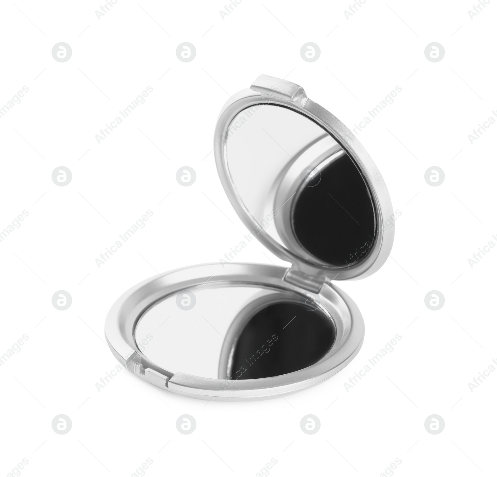 Photo of Grey cosmetic pocket mirror isolated on white