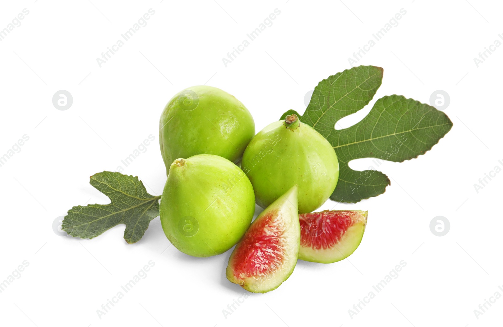 Photo of Whole and cut green figs on white background