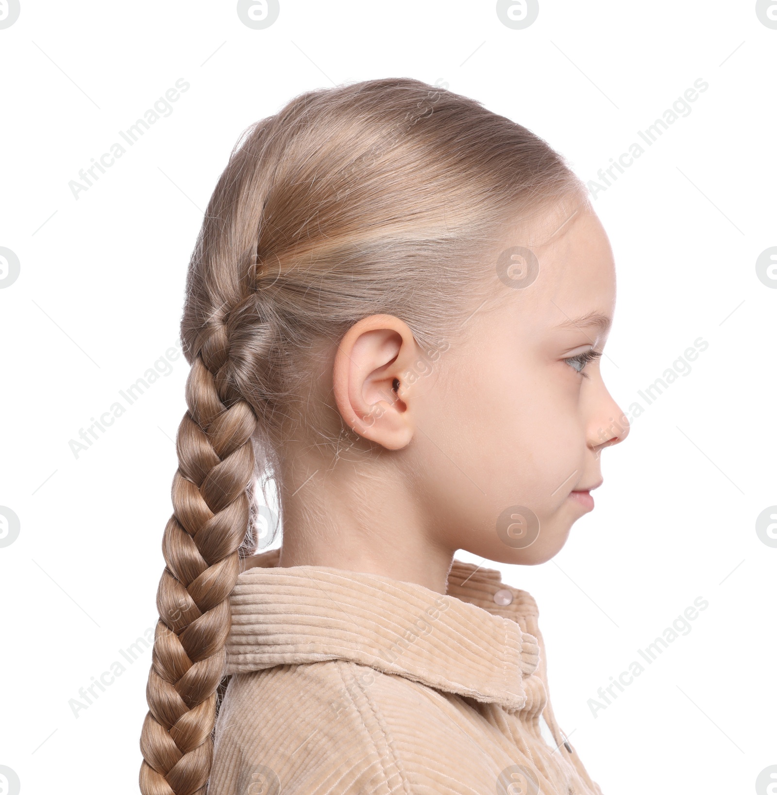 Photo of Profile portrait of cute little girl on white background