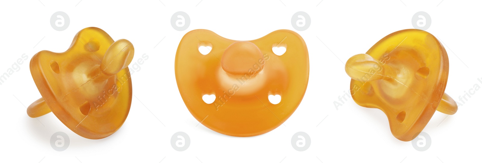 Image of Collage of orange baby pacifier on white background, views from different sides