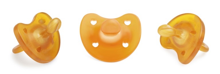 Collage of orange baby pacifier on white background, views from different sides