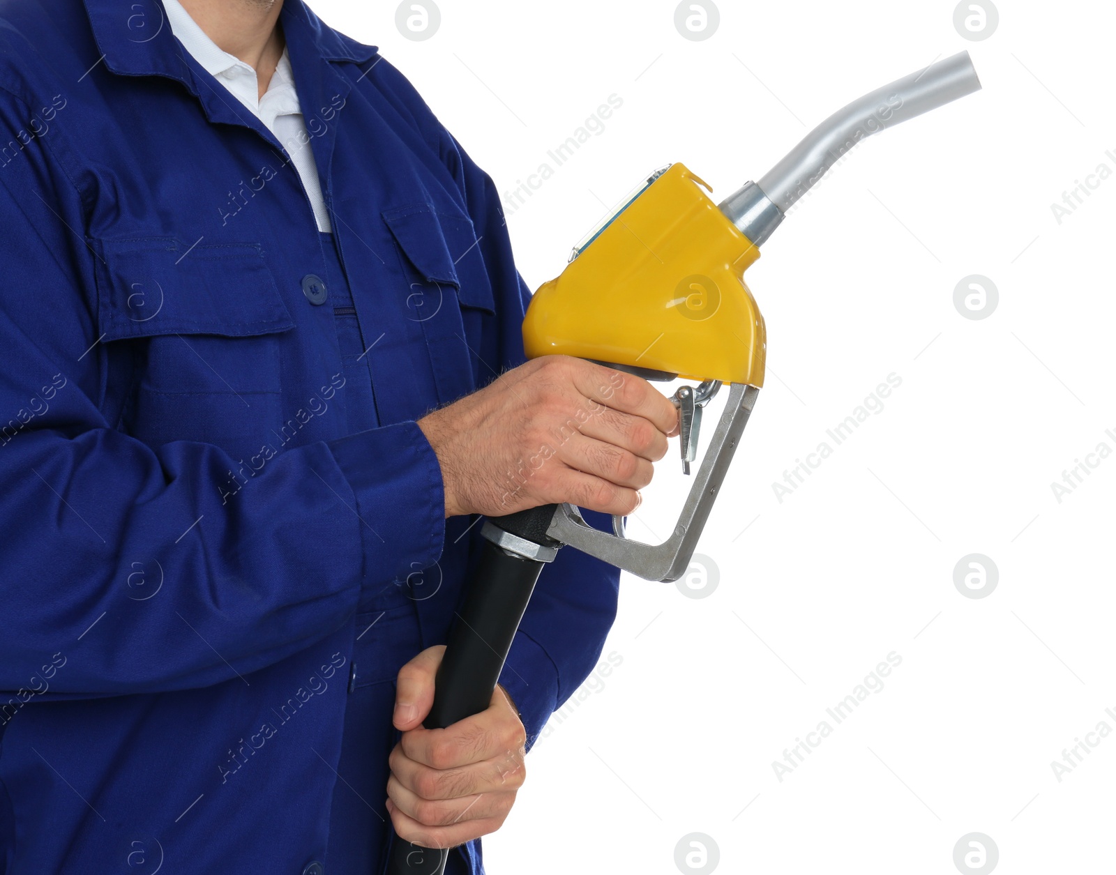 Photo of Gas station worker with fuel nozzle on white background, closeup