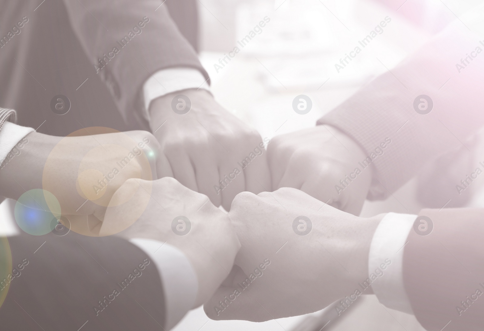 Image of Women holding fists together over table indoors, closeup. Black and white effect