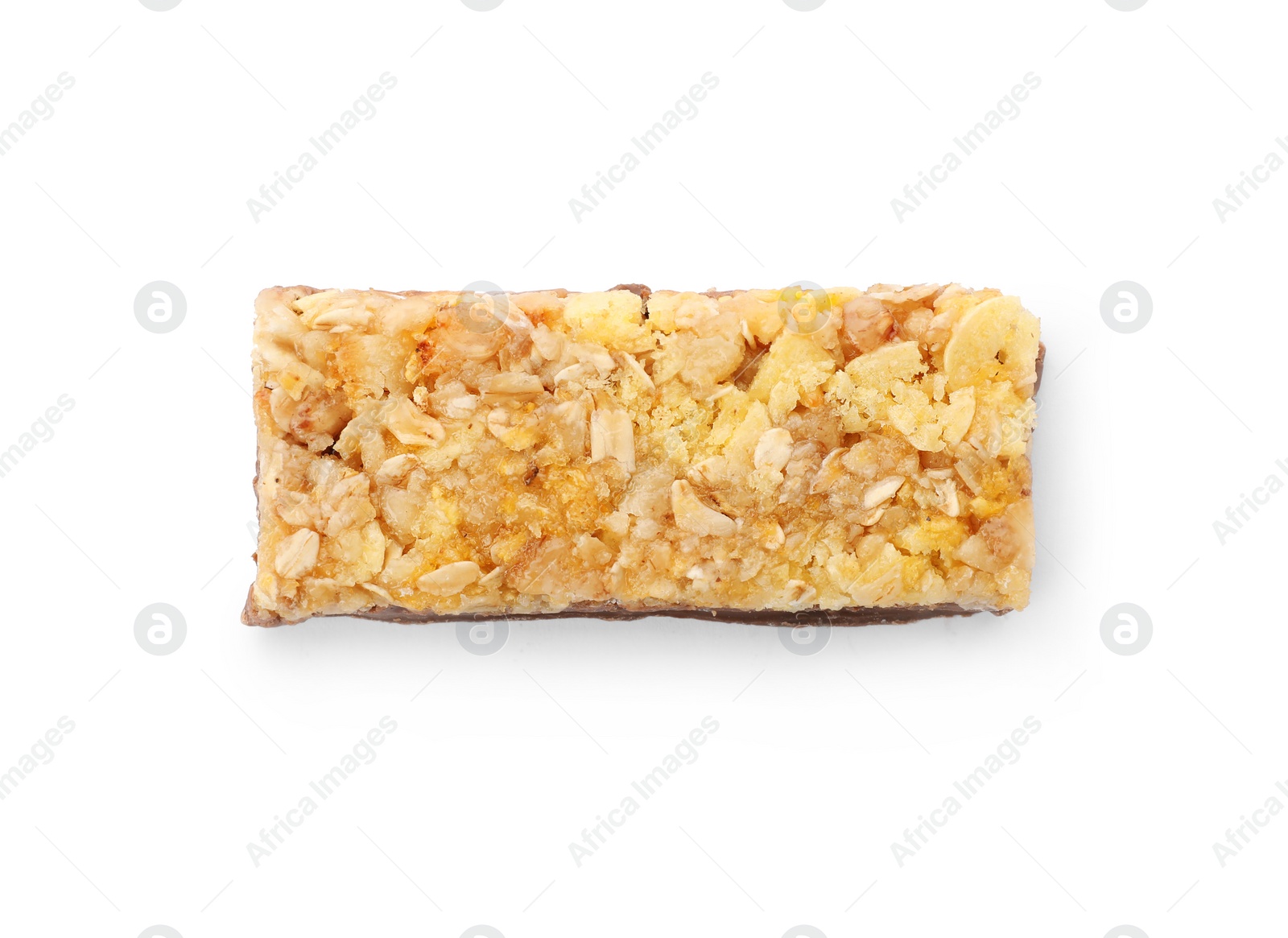 Photo of Tasty protein bar on white background, top view