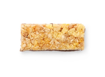 Photo of Tasty protein bar on white background, top view