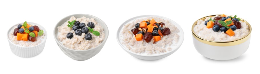 Image of Set of cooked barley groats in bowls on white background