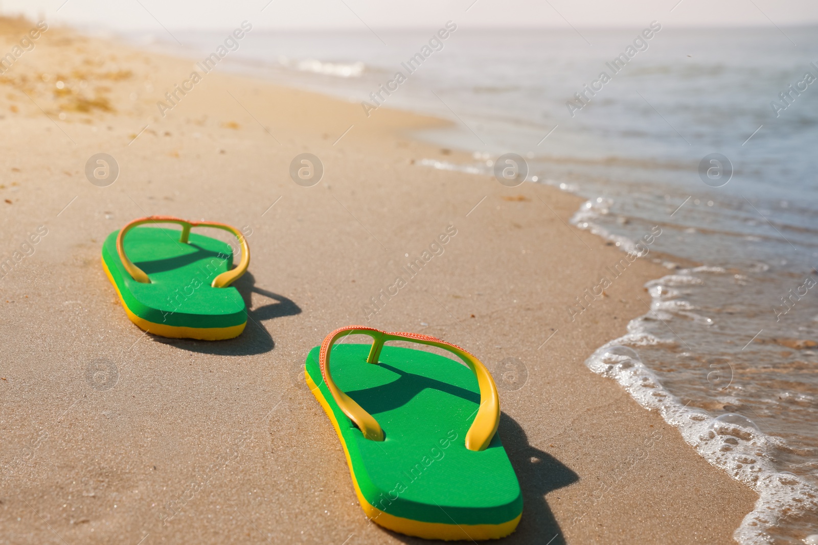 Photo of Pair of stylish flip flops on beach