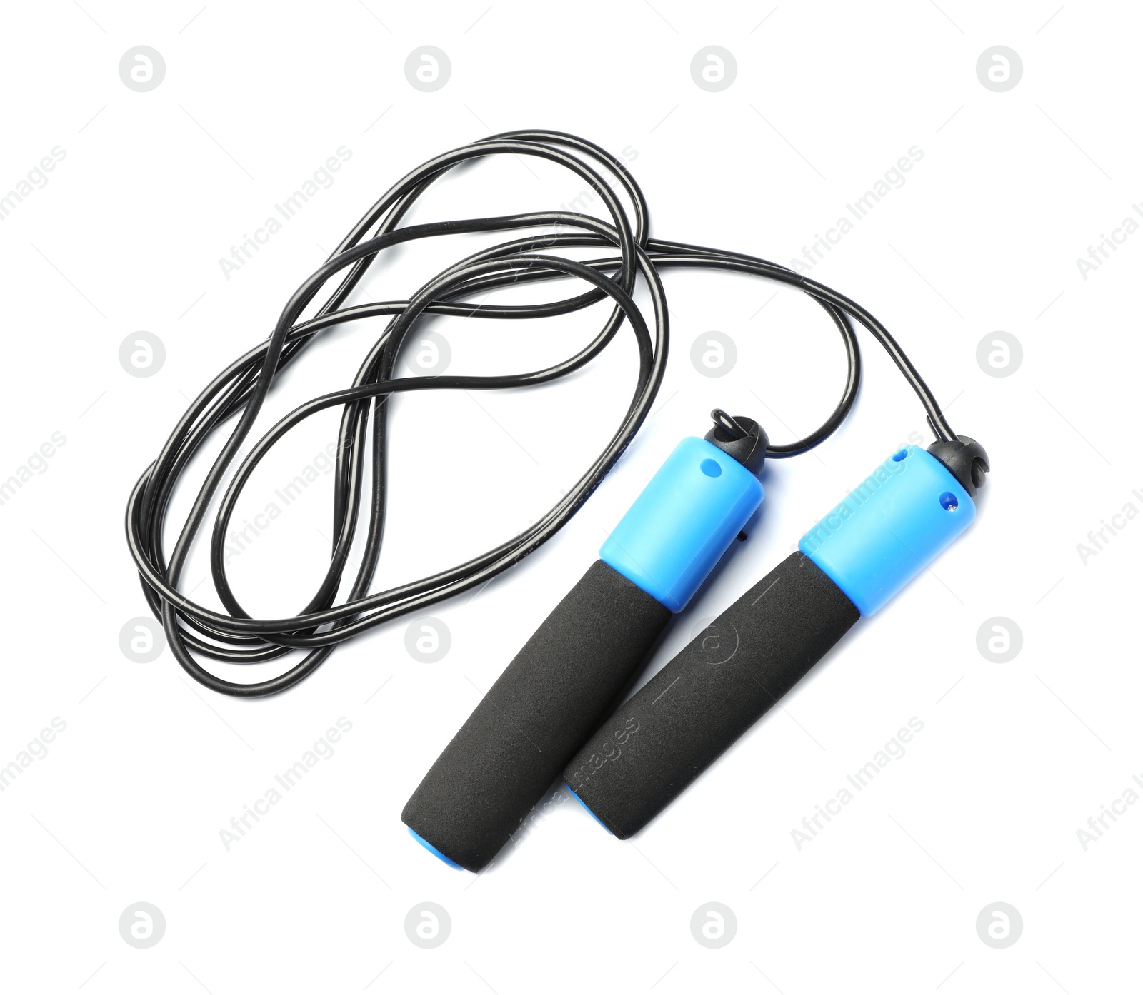 Photo of Jump rope on white background, top view