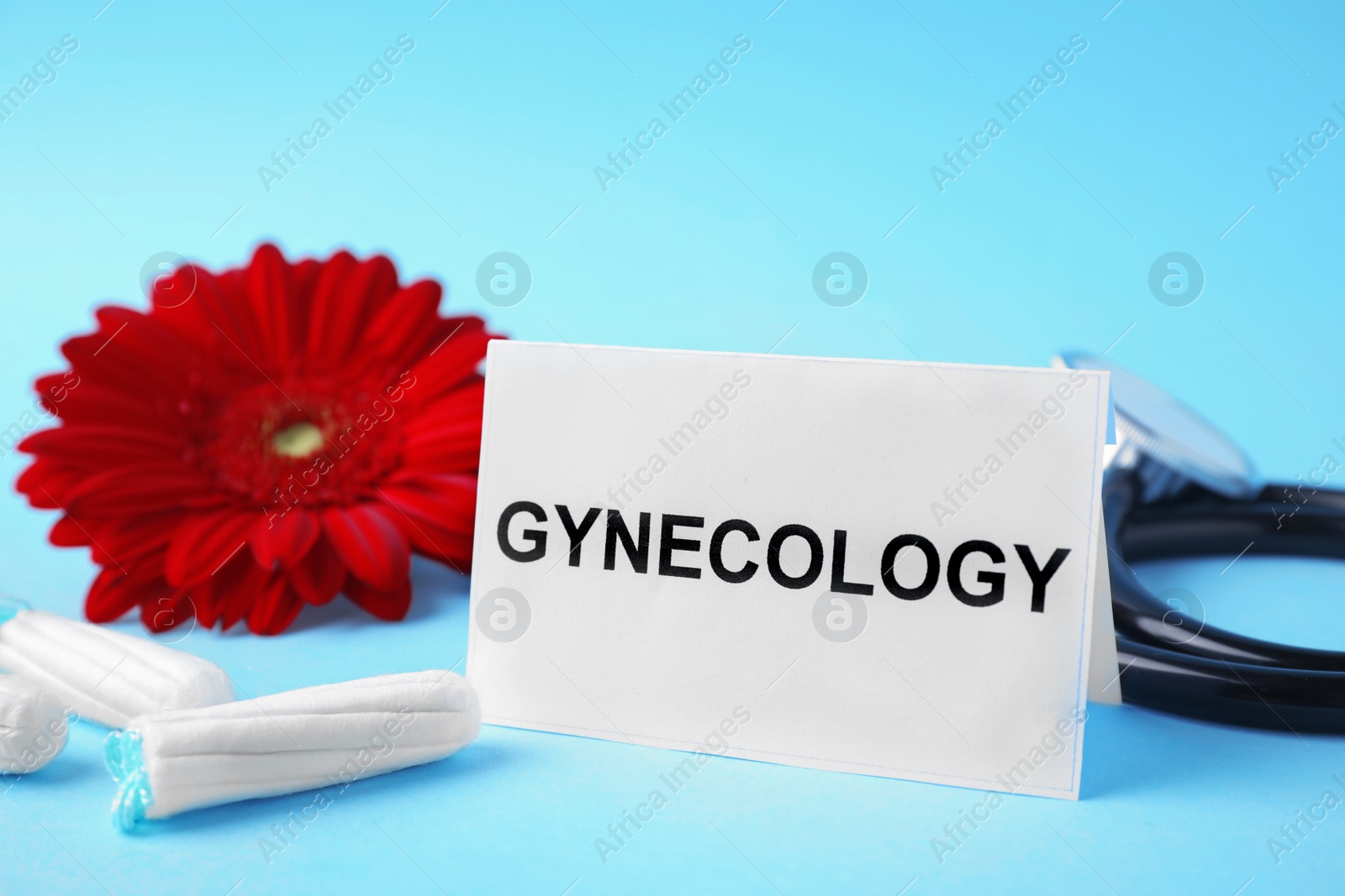 Photo of Card with word Gynecology, stethoscope, tampons and flower on color background