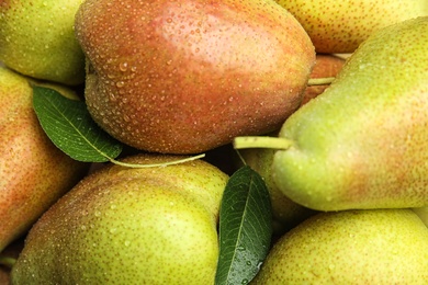 Photo of Many ripe juicy pears with water drops as background, closeup