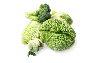 Photo of Many different types of fresh cabbage on white background