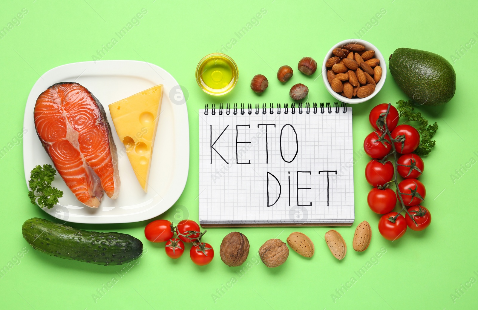 Photo of Notebook with phrase Keto Diet and different products on light green background, flat lay