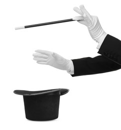 Magician showing trick with wand and top hat on white background, closeup