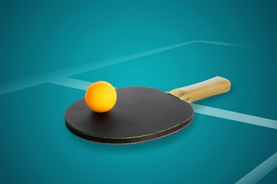 Image of Paddle and ball on blue ping pong table