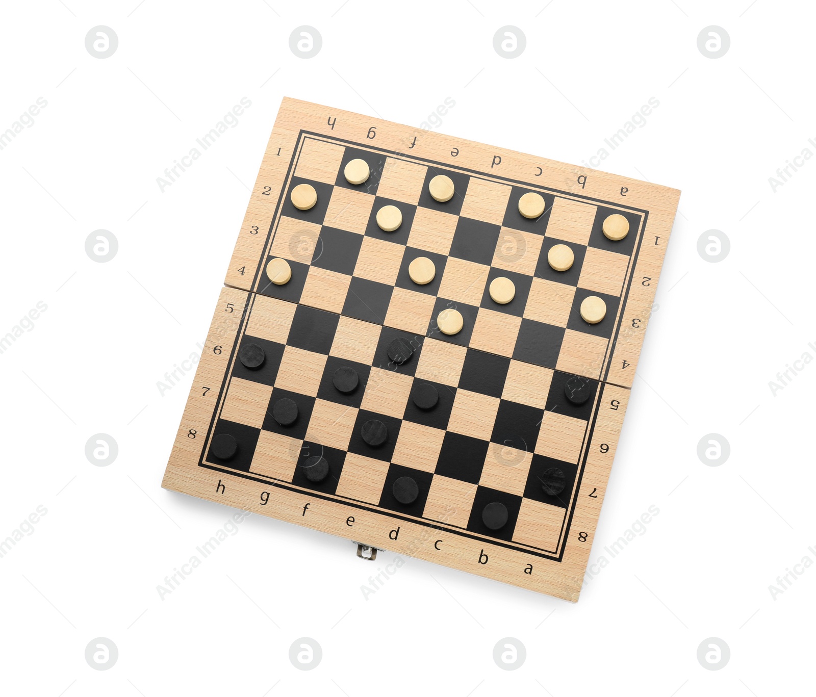 Photo of Wooden checkerboard with game pieces isolated on white, top view