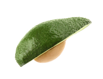 Photo of Tasty ripe avocado isolated on white. Tropical fruit