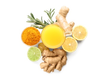 Photo of Immunity boosting drink and ingredients on white background, top view