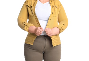 Overweight woman in tight clothes on white background, closeup