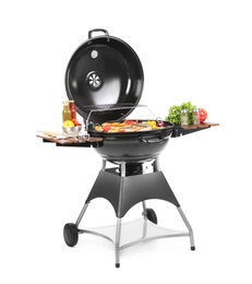 Photo of Modern barbecue grill with tasty food on white background