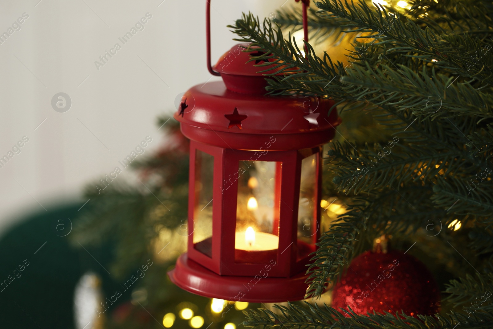 Photo of Christmas lantern with burning candle on fir tree against blurred background, closeup