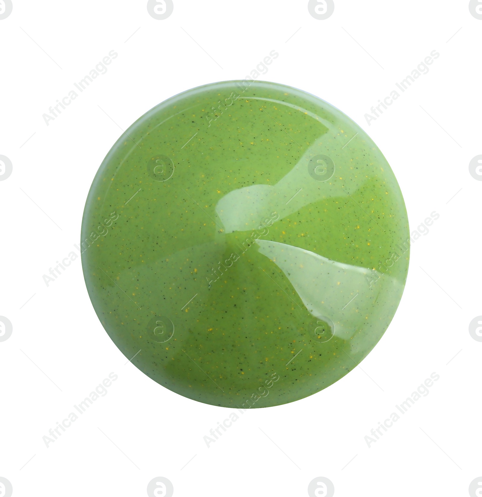 Photo of Sample of green paint on white background, top view