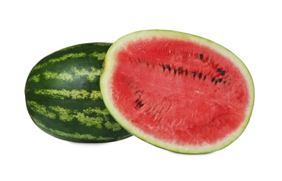 Photo of Whole and cut fresh juicy watermelons isolated on white