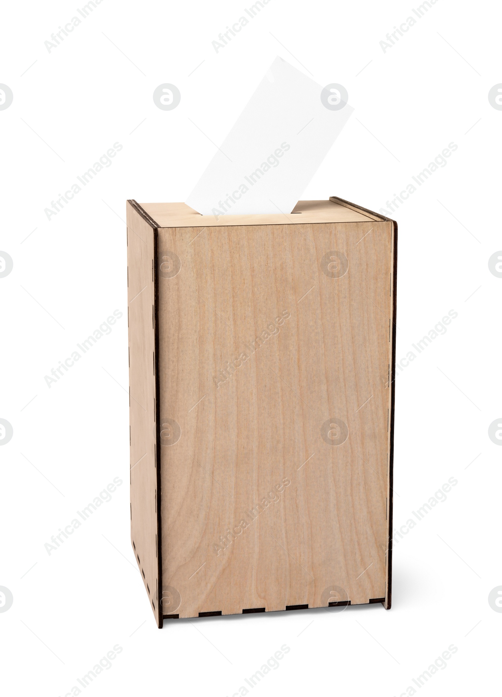 Photo of Wooden ballot box with vote isolated on white