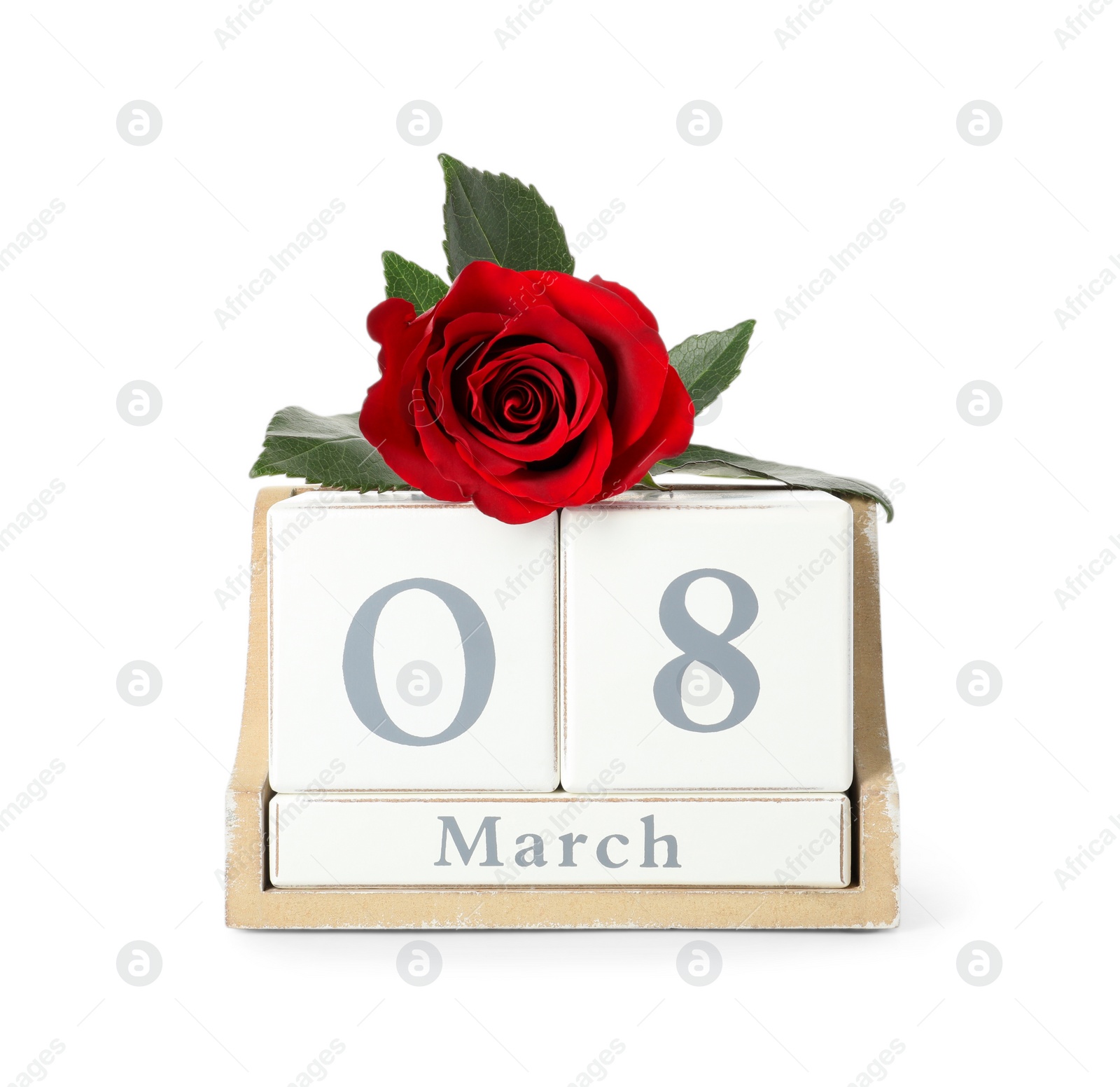 Photo of Wooden block calendar with date 8th of March and rose on white background. International Women's Day