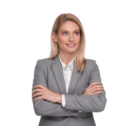 Photo of Portrait of smiling woman with crossed arms on white background. Lawyer, businesswoman, accountant or manager